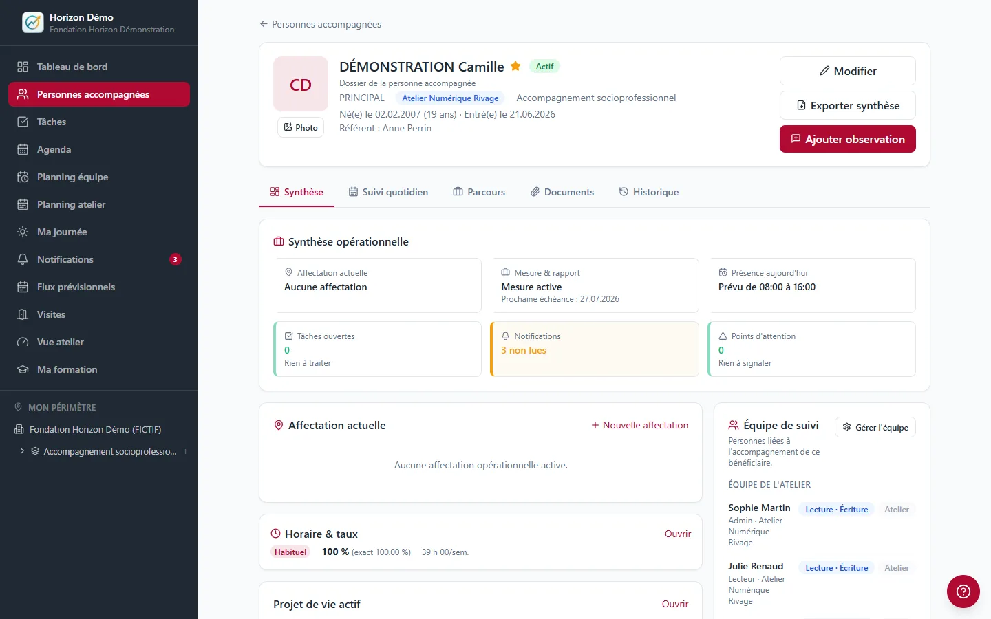 Dossier d’une personne accompagnée dans CapLien : informations, objectifs, suivi et éléments du parcours, présentés selon les droits.
