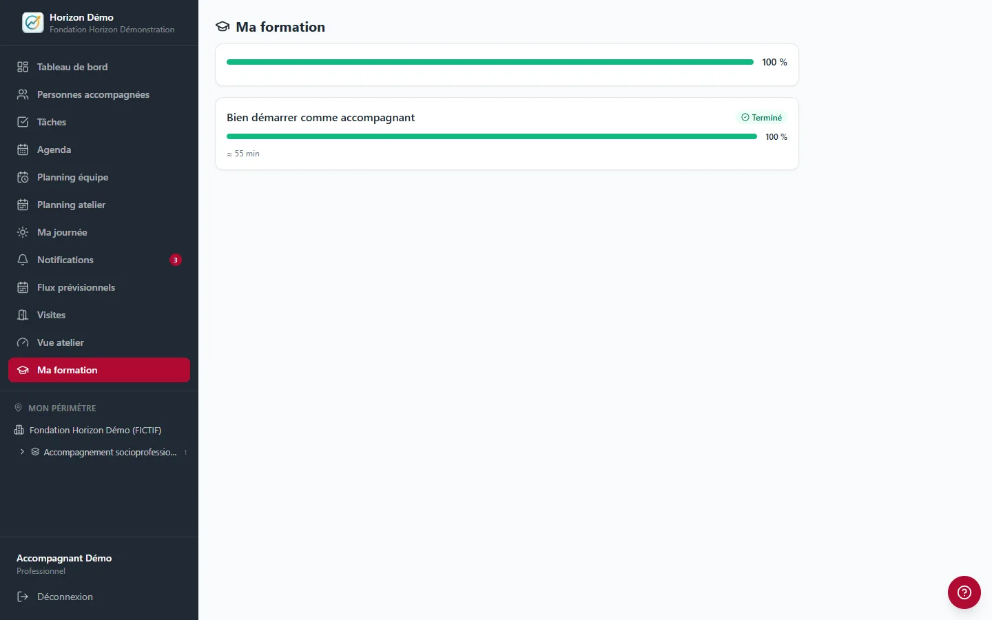 Module « Ma formation » de CapLien affichant le parcours d’un rôle terminé à 100 %.